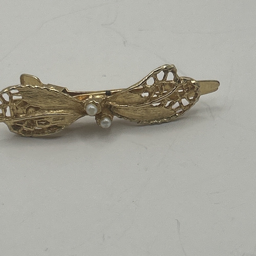 Vintage Gold Tone Bow Barrette‎ Hair Clip Faux Pearl Filigree